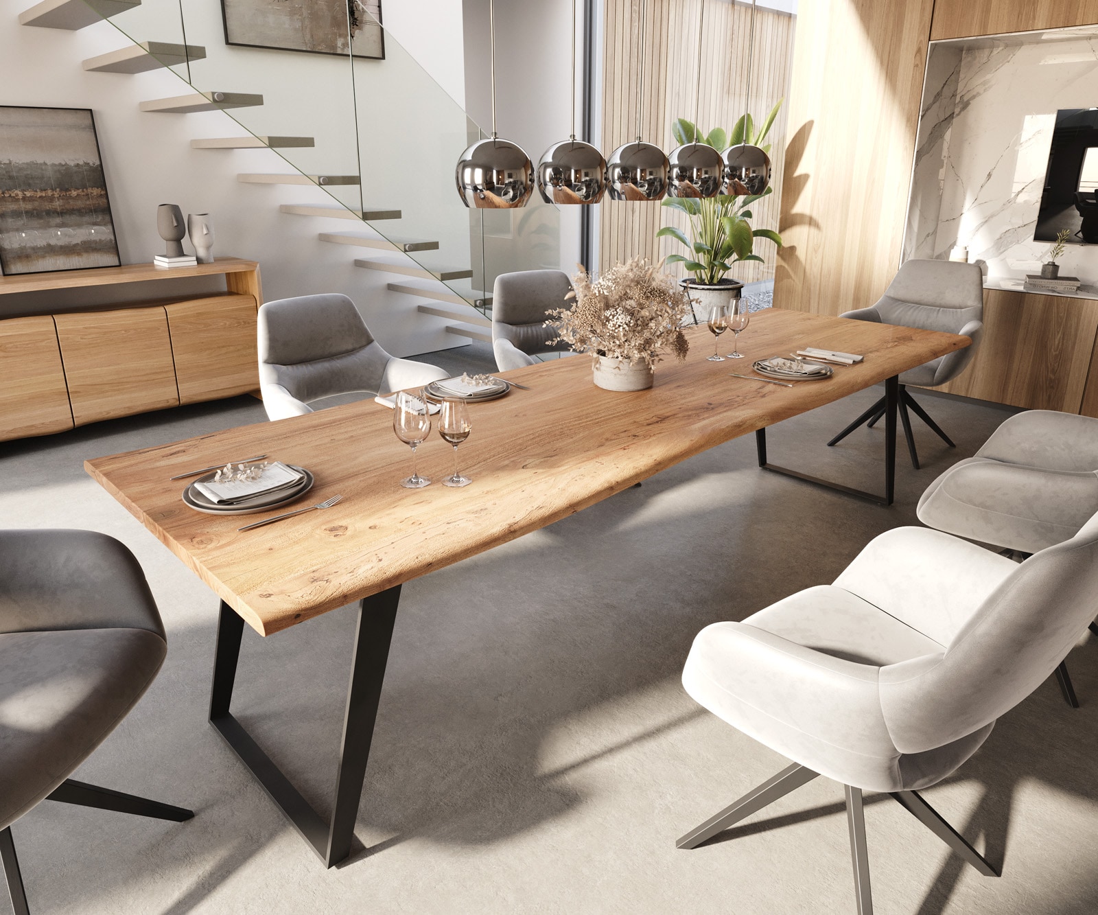 DELIFE Esstisch Edge 300x100 Akazie Natur Metall Schräg Live-Edge, Esstische, Baumkantenmöbel, Massivholzmöbel, Massivholz Image