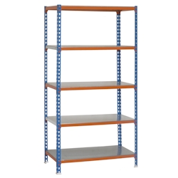 SimonRack Metall-Steckregal Simonclick plus Simonclick 5 Fachböden mit 180 kg pro Ebene in BLAU/ORANGE/VERZINKT 1800x800x400 mm (Höhe x Länge x Breite) Image