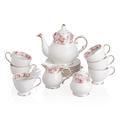 Sweejar Home 21 Piece Porcelain Tea Sets, Vintage British Floral Relief Gold Rimmed Tea Set, Ceramic Tea Set Service with Teapot, Sugar Bowl, Milk Jug, Spoons, Tea Cup and Saucer Set of 6(Flower)