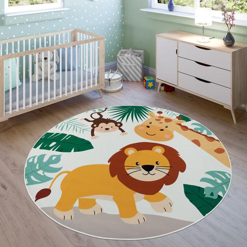 Kinderteppich PACO HOME ""Bino 582"" Teppiche Gr. Ø 160cm, 4mm, beige Kinder Spielteppich, Motiv Tiere, Löwe & Giraffe, Kinderzimmer