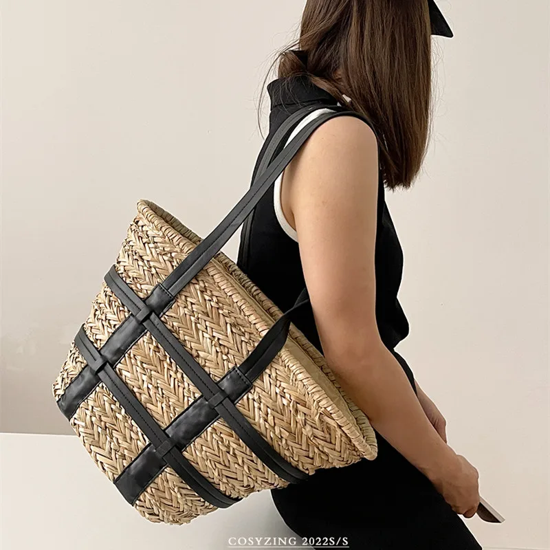 Sacs à main tissés faits à la main, panier de plage, sac d'été en paille, grands sacs à bandoulière en rotin, grande capacité, mode 2022