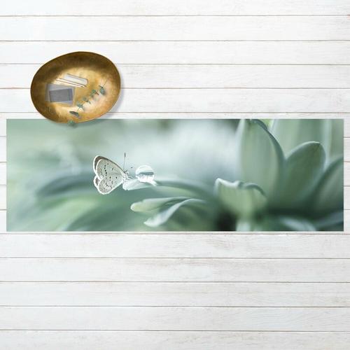 Vinyl-Teppich – Schmetterling und Tautropfen in Pastellgrün – Panorama Quer Größe HxB: 30cm x 90cm