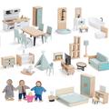 Giant bean Wooden Dollhouse Furniture Set, 36pcs Furnitures with 4 Family Dolls, Dollhouse Accessories Pretend Play Furniture Toys for Boys Girls & Toddlers 3Y+