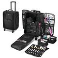 BYOOTIQUE Rolling Makeup Train Case Soft Sided Makeup Storage Cosmetic Organizer Carry on Travel Trolley Suitcase with Heat Isolation Side Pocket 6 Removable Bag for Makeup Artist Hairstylist, Black,