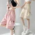 2023 New Women's Summer Shorts Casual Big Pocket Cargo Shorts Elastic Waist Loose Pink Shorts For