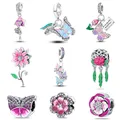 100% Authentic 925 Sterling Silver Pink Flower Butterfly Charms Beads Fit Original Pandora Bracelets