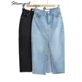 Streamgirl Blue Front Slit Denim Skirt Women Long Jeans Skirts Straight Women's Summer Denim Skirt