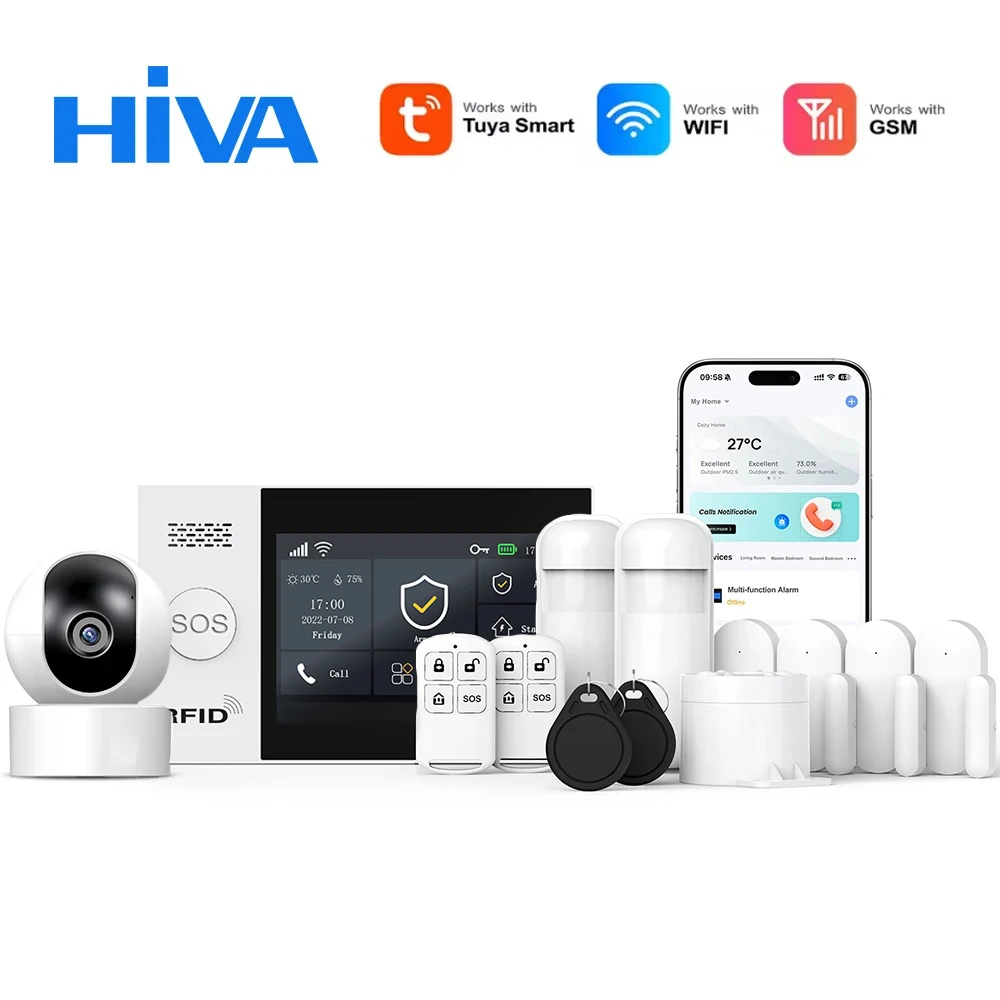 PG-107 Tuya Drahtlose WIFI GSM Hause Einbrecher Alarm System IP Kamera PIR Motion Sensor Tür Sensor Sicherheit Alarm Kit APP Steuerung Image