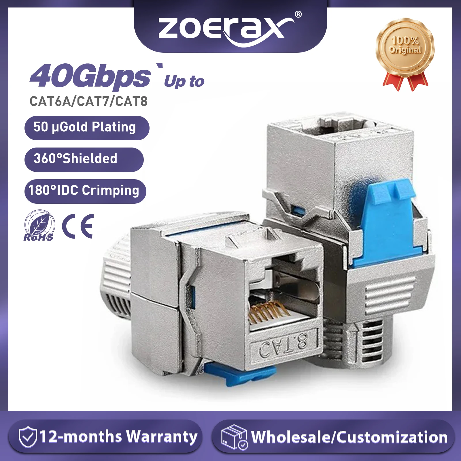 ZoeRax Cat6a Cat7 Cat8 Keystone-Buchse, RJ45 STP, werkzeugloses Modul aus Zinklegierung, abgeschirmter Keystone-Buchsenadapter, 40 Gigabit Image