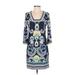 Laundry by Shelli Segal Casual Dress - Shift Square 3/4 sleeves: Blue Color Block Dresses - Women's Size 0 - Print Wash