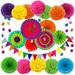 CHUANK 20pcs Fiesta Paper Fan Party Decorations Set Mexican Party Decorations Polka Dot and Triangle Bunting Flags for Birthday Parties Rainbow Party Multi-Color