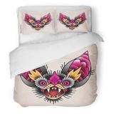 KXMDXA 3 Piece Bedding Set Aggression The Head of Bat Open Mouth Traditional Tattoo Twin Size Duvet Cover with 2 Pillowcase for Home Bedding Room Decoration