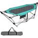 Portable Folding Hammock Lounge Camping Bed With Hammock Stand Indoor & Outdoor Hammock W/Side Pocket Anti-Tip Buckles & Iron Stand For Camping Outdoor Patio Yard Beach (Turquoise)