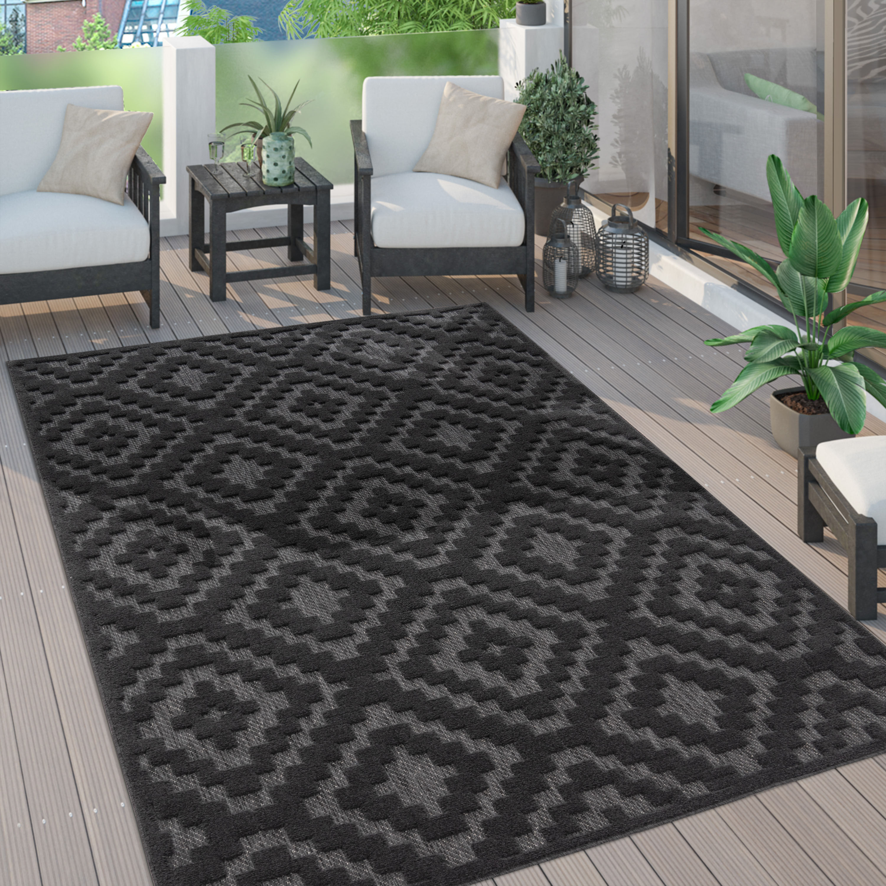 Teppich PACO HOME "Livorno 672", grau (anthrazit), B:80cm H:14mm L:150cm, Polypropylen, Teppiche, Uni-Farben, Scandi, Rauten Muster, Hoch-Tief Effekt, Outdoor geeignet Image