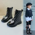 Girls Autumn New Glossy Chelsea Boots 2023 Winter New Kids Versatile Rhinestone Bow Little Princess