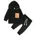 Kids Toddler Baby Boys Autumn Winter Striped Pocket Cotton Long Sleevehooded Tops Pullover Sweatshirt Set Clothes Black 100