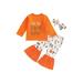 Toddler Baby Girl Halloween Clothes Pumpkin Long Sleeve T Shirts Tees Tops Flare Pants Outfit Set Fall Clothes