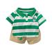 Summer New Boys Lapel Striped Short Sleeved T Shirt + Solid Color Shorts Two Piece Set Green 100