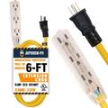 Lighted Outdoor Extension Cord - Heavy Duty Yellow Power Cable Splitter by Journeyman-Pro 5-15P to Three Electrical Outlets (Inline Triple-Tap) 5-15R 15 AMP 125 Volts Short 6 10 FT (Yellow - 6 FT)