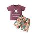 IZhansean Infant Baby Boy 2Pcs Summer Clothes Short Sleeve T-Shirt Drawstring Leaves Print Shorts Outfits Purple 12-18 Months