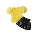 IZhansean Toddler Baby Girls Summer Clothes Mesh Short Sleeve Rib T-Shirt Tops and Bandage Leather Shorts Clothes Yellow 2-3 Years