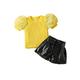 IZhansean Toddler Baby Girls Summer Clothes Mesh Short Sleeve Rib T-Shirt Tops and Bandage Leather Shorts Clothes Yellow 2-3 Years