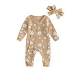 Infant Baby Girl Footed Jumpsuit Cartoon Floral Print Long Sleeve Front Zipper Closure Romper + Bow Headband 0-6 Months