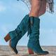 Cowboy Boots for Women with Heel Embroidered Pull On Chunky Stacked Heel Cowgirl Knee High Western Boots Sexy Fashion Warm Winter Long Boot with Side Zipper (Blue 5)