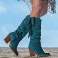 Cowboy Boots for Women with Heel Embroidered Pull On Chunky Stacked Heel Cowgirl Knee High Western Boots Sexy Fashion Warm Winter Long Boot with Side Zipper (Blue 5.5)