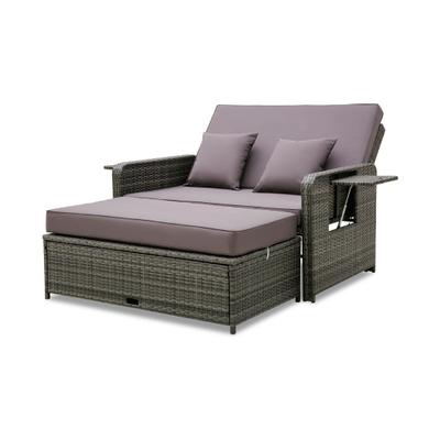 Costway Wicker Loveseat Sofa with Multipurpose Ottoman and Retractable Side Tray-Gray