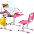 Goplus - Set Scrivania e Sedia per Bambini, Altezza Regolabile, Scrivania con Tavola Inclinata,