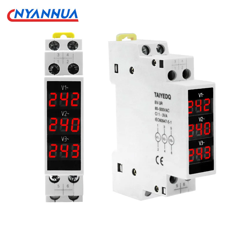 1PC Drei-Display Voltmeter Din-schiene Drei Phase Modulare Spannung Meter AC80-500V 1VA V1V2V3 BV-3R Image