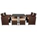 Lomubue 9 Pieces Wood Grain PE Wicker Rattan Dining Ottoman with Tempered Glass Table Patio Furniture Set