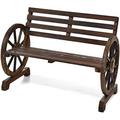 Outdoor Bench Wooden Wagon Wheel Bench 2-Person Outdoor Garden Bench W/Slatted Seat Backrest Armrests For Backyard Garden Rustic Style Outside Decor Lounge Furniture Patio Bench