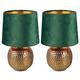 Britalia 2 Pack - Gold Ceramic Vintage Hammered Globe Table Desk Lamp with Green Velvet Shade | 26cm Height | 1 x SES E14 Lamp Bulb Required | UK Approved | Retro Design | Tapered Drum Lampshade