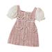 YDOJG Dresses For Girls Toddler Kids Baby Short Bubble Sleeve Patchwork Plaid Pearl Princess Dress Outfits For 2-3 Years