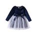 Licupiee Kids Girls Dress Velvet Sequins Stars Layered Mesh Tulle Bowknot Crew Neck Long Sleeve Dress Fall Princess Dress