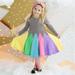 Gubotare Cute Dresses for Teen Girls Dress Long Sleeve Patchwork Rainbow Princess Dress (Grey 2-3 Years)