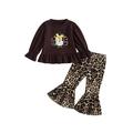 1-6T Baby Girls Thanksgiving 2pcs Clothes Long Sleeve Ruffles Turkey Tops+Leopard High Waist Flare Pants Casual Fall Outfits