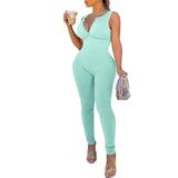 BUYISI Women Sleeveless Jumpsuits Ribbed Bodycon Backless Rompers Summer Yoga Bodysuit M Green