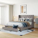 Queen Velvet Upholstered Storage Bed with Big Drawer, Wood Platform Bed Frame with Wingback Headboard, No Box Spring Needed,Grey