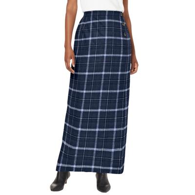 Plus Size Women's Side-Button Wool Skirt by Jessica London in Navy Shadow Plaid (Size 20 W) Wool Faux Wrap Plaid Maxi Skirt