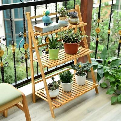 27" Foldable Bamboo Plant Stand 3 Tier Ladder Shelves