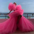 Robe de bal en Tulle pour femmes rose haut bas très luxuriant manches en Tulle Sexy longue