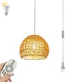 FSLiving Remote Control Dimmable Hanging Swag Pendant Light with Rattan Hollow Double Shade with 15ft Plug-in Clear Cord Modern Farmhouse Chandelier for Loft Bar Garden Corridor - 1 Light