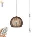 FSLiving Remote Control Dimmable Hanging Swag Sun Room Lamp with Canopy Twine Natural Rattan Hollow Double Shade with 15ft Plug-in Clear Cord Modern Farmhouse Chandelier for Loft Bar Brown - 1 Light