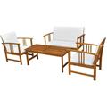 moobody 4 Piece Patio Lounge Set with White Cushions 2 Chairs with Table and Bench Conversation Set Acacia Wood Outdoor Sectional Sofa Set for Garden Balcony Yard Lawn Deck