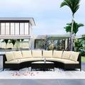 CoSoTower 5 Pieces All-Weather Brown PE Rattan Wicker Sofa Set Outdoor Patio Sectional Furniture Set Half-Moon Sofa Set with Tempered Glass Table Beige
