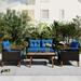 CoSoTower 4-Piece Garden Furniture Patio Seating Set PE Rattan Outdoor Sofa Set Wood Table and Legs Brown and Blue