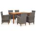 moobody 7 Piece Patio Dining Set Acacia Wood Tabletop Table and 6 Armchairs with Seat Cushion Gray Poly Rattan for Garden Backyard Balcony Outdoor Furniture